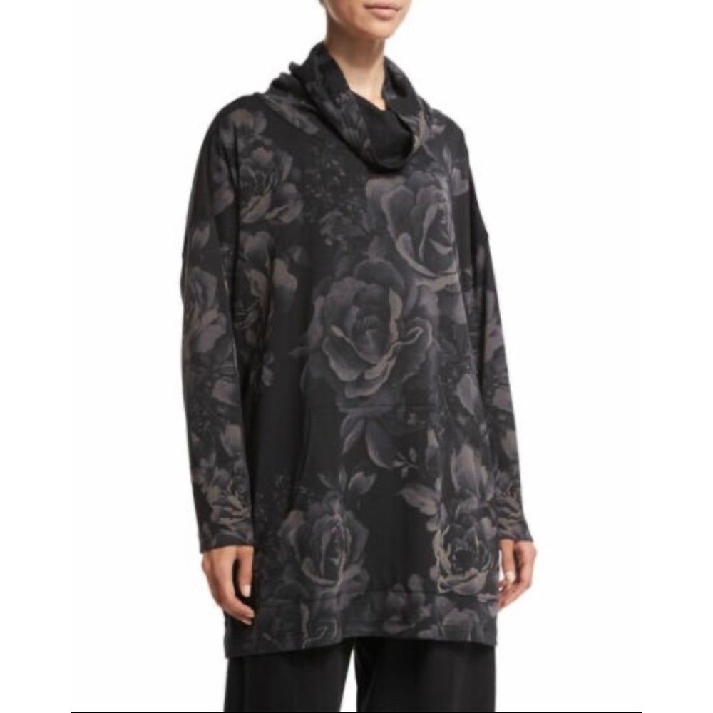 Eskandar Pima Cotton Monk Tunic Floral Funnel Neck Black‎ Oversized Top - 1